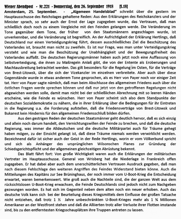 1918-09-26-Presse Holland zu Hauptausschuß-Wiener Zeitung