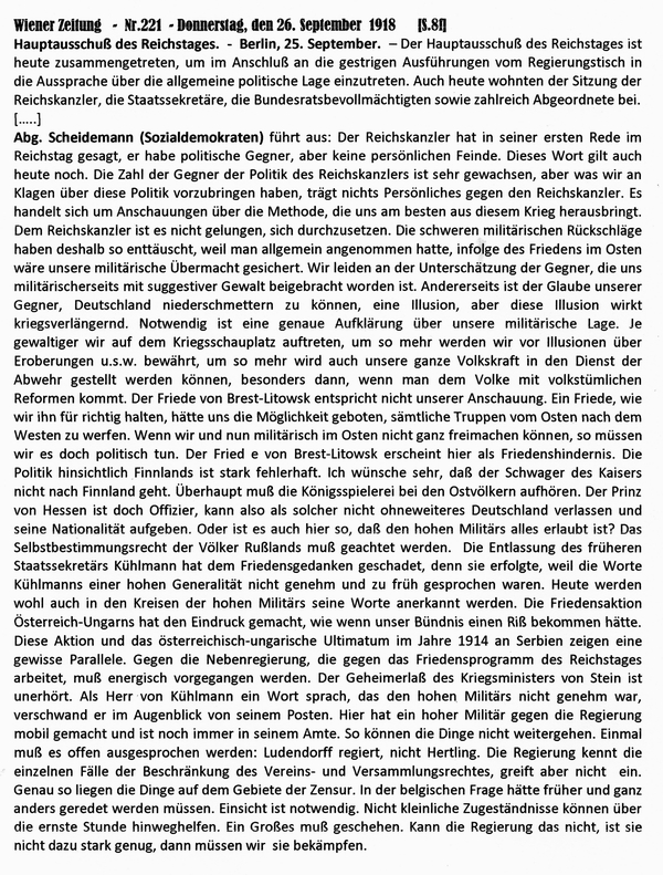 1918-09-26-Scheidemann-Hauptausschuß-Wiener Zeitung