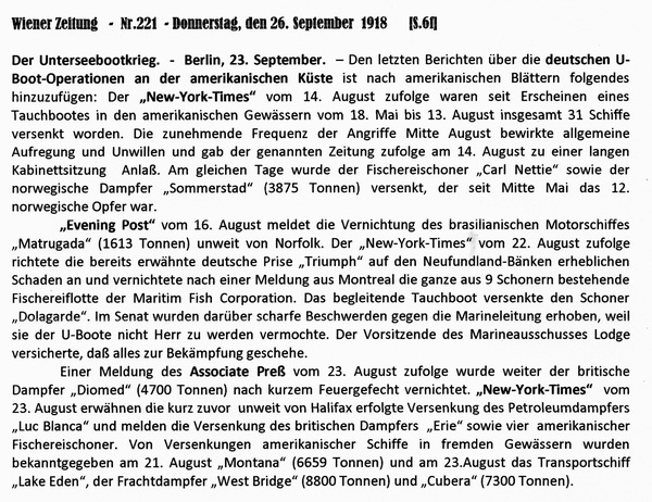 1918-09-26-U-Boot-Krieg-an amerik Küste-Wiener Zeitung