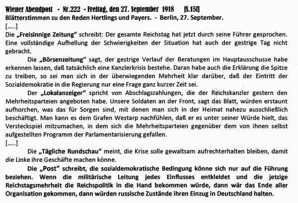 1918-09-27-Kommentare zu Hertling-Payer-Hauptausschuß-Wiener Zeitung
