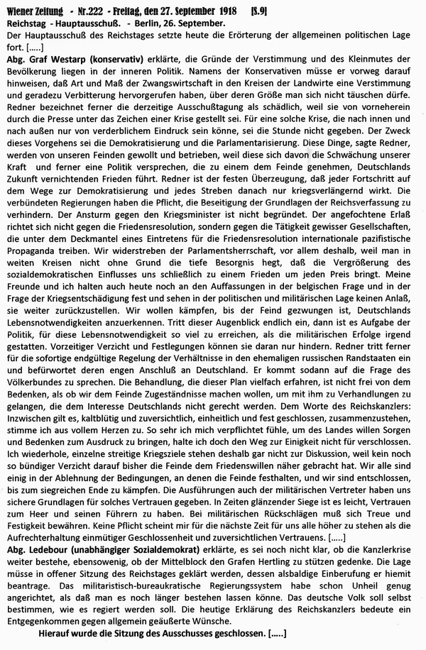 1918-09-27-Rede Westarp-Ledebour-Hauptausschuß-Wiener Zeitung