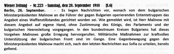 1918-09-28-Bulgarien-will Waffenstillstand-Wiener Zeitung
