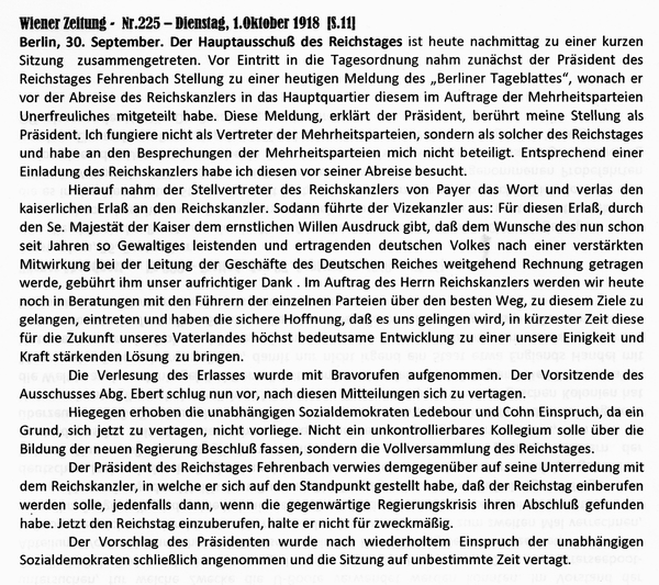 1918-10-01-Rücktritt-Hertling-Hauptausschuß-Wiener Zeitung