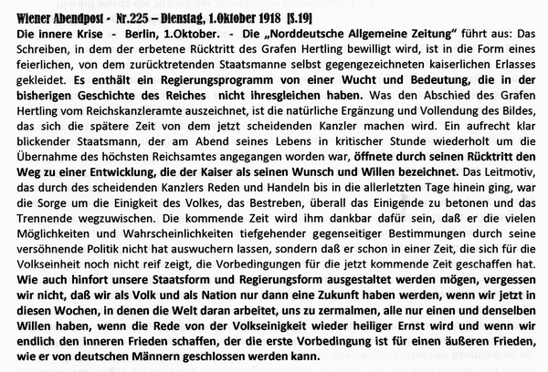 1918-10-01-Rücktritt-Hertling-Press zu Kaiserwunsch-Wiener Zeitung